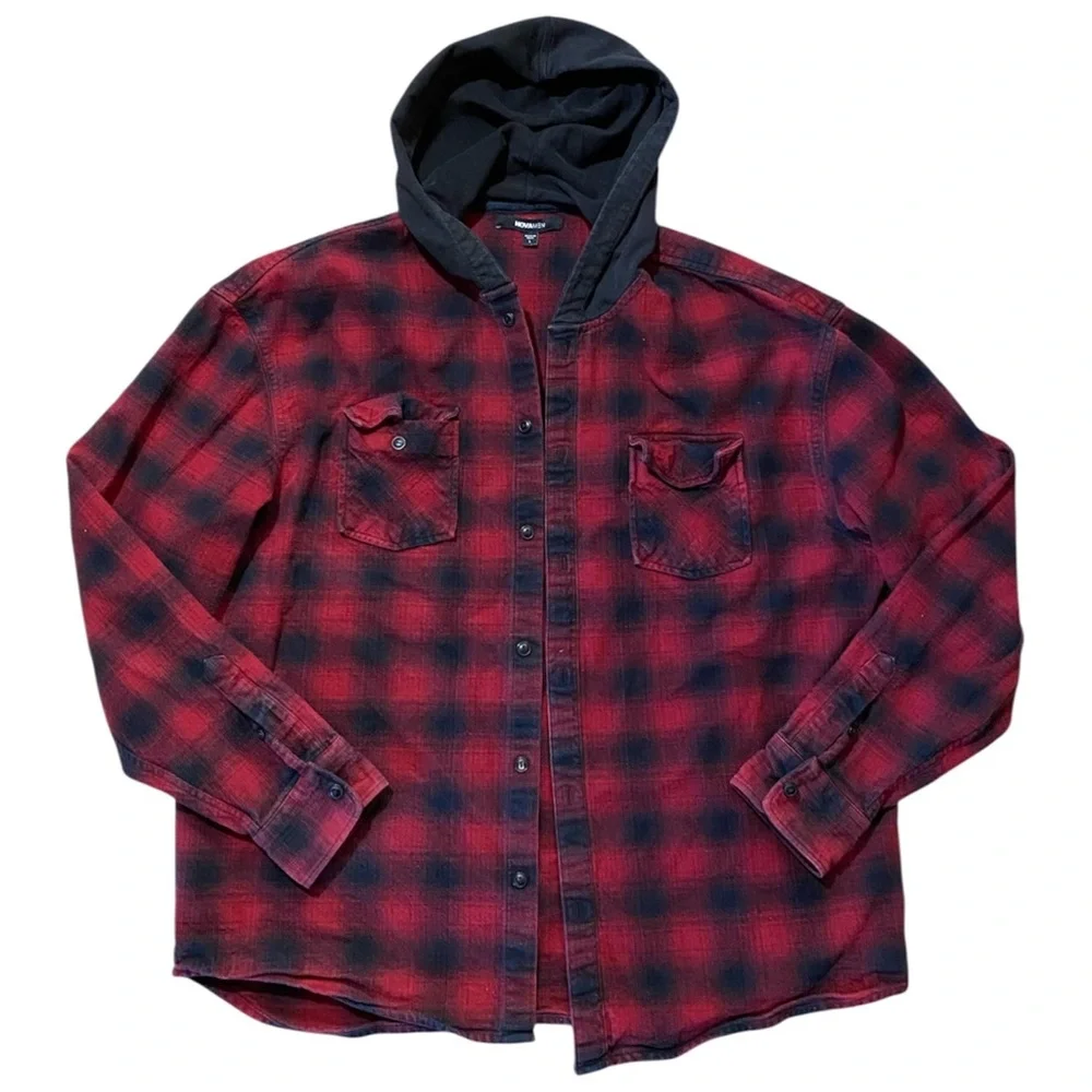 Red Buffalo Plaid Flannel Jacket Hooded Heavy Cotton L Camping Outdoor Grunge
